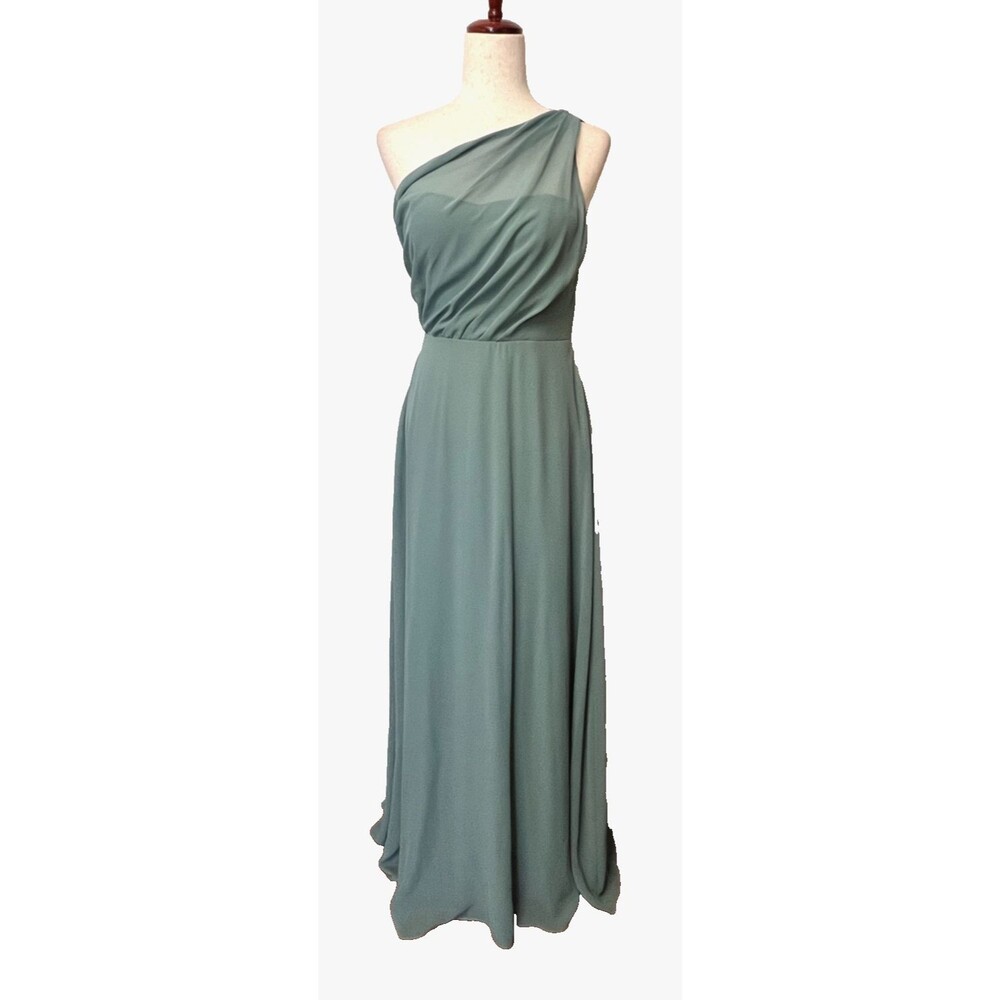 BIRDY GREY Womens S Dress Gown One Shoulder Chiffon Sea Glass Green Goddess Maxi